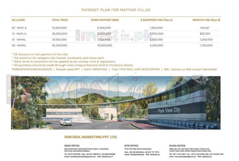Mayfair Villas Islamabad Payment Plan